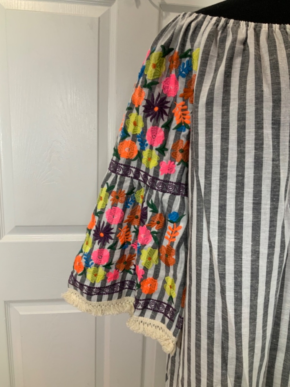 Boho Embroidered Floral Striped Fringe Tunic Shift Dress Large Philosopy - Picture 5 of 10